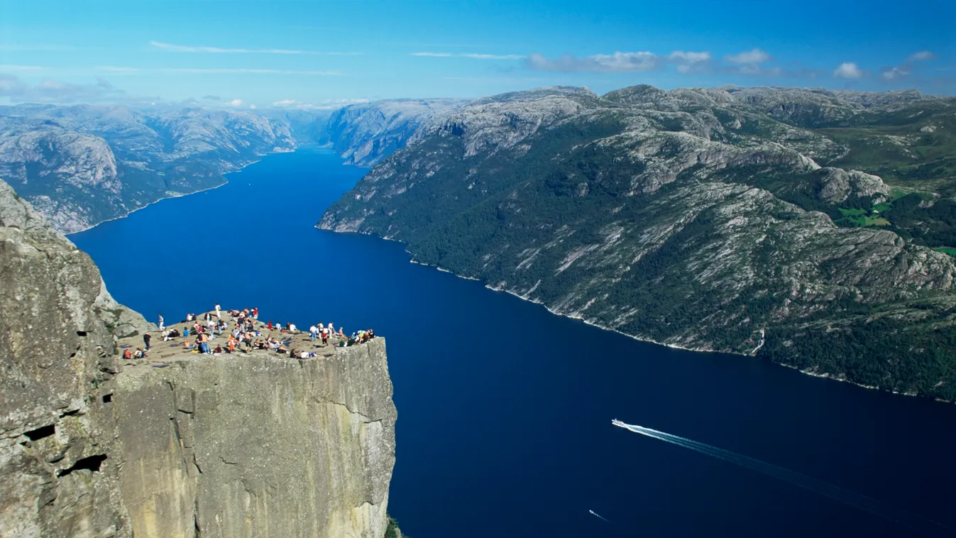 Preikestolen Rock overlooking Lysefjord, near Stavanger, South West Fjords, Norway, Scandinavia, Europe color image contemporary day FJORD fjords GEOLOGY high angle view HORIZONTAL LANDSCAPE landscapes lookouts Lysefjord natural world nature Norway outdoo