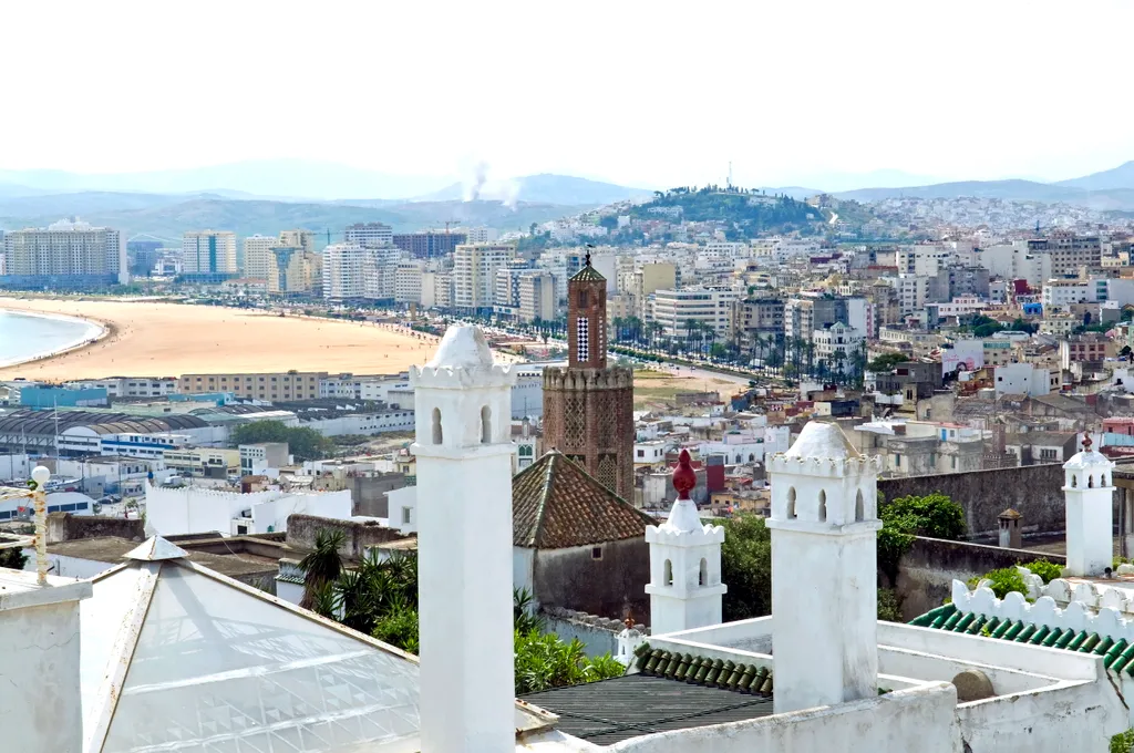 View of Tangier from the Medina, Tangier, Morocco, North Africa, Africa travel destination Photography Color Image HORIZONTAL day outdoors places high angle view cities city location skyline skylines coast coasts Tangier Tangiers Morocco North Africa AFRI