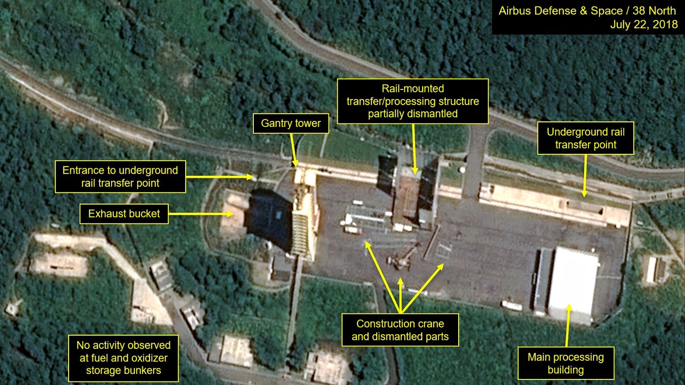 politics defence Horizontal Satellite image courtesy Airbus Defense and Space and 38 North obtained July 23, 2018 shows the apparent dismantling of facilities at the Sohae satellite  launching station, North Korea.
North Korea appears to have started dism