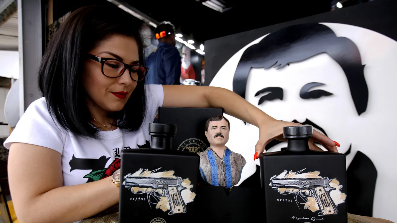 TOPSHOTS Horizontal EFFIGY DRUG DEALER ALCOHOL BOTTLE PRODUIT DERIVE Tequila bottles of the brand "El Chapo 701" bearing the nickname of the jailed Mexican drug dealer Joaquín "El Chapo" Guzmán Loera, are on display at press exhibition in Guadalajara, Mex