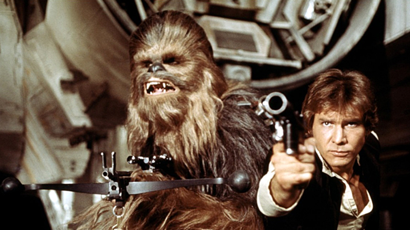 Peter Mayhew és Harrison Ford a Csillagok háborúja című filmben 