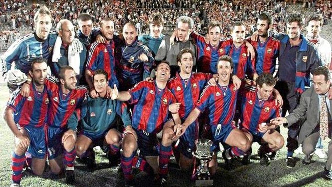 Barcelona celebrate winning the Spanish Super Cup in 1996 