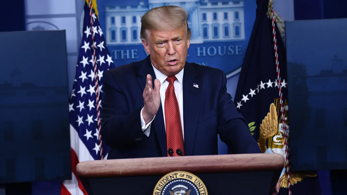 BRIEFING ROOM PRESIDENT OF THE UNITED STATES THE WHITE HOUSE Horizontal HEADSHOT PRESS CONFERENCE THOUGHTFUL US President Donald Trump speaks to the press in the Brady Briefing Room of the White House in Washington, DC, on August 10, 2020. - Secret Servic