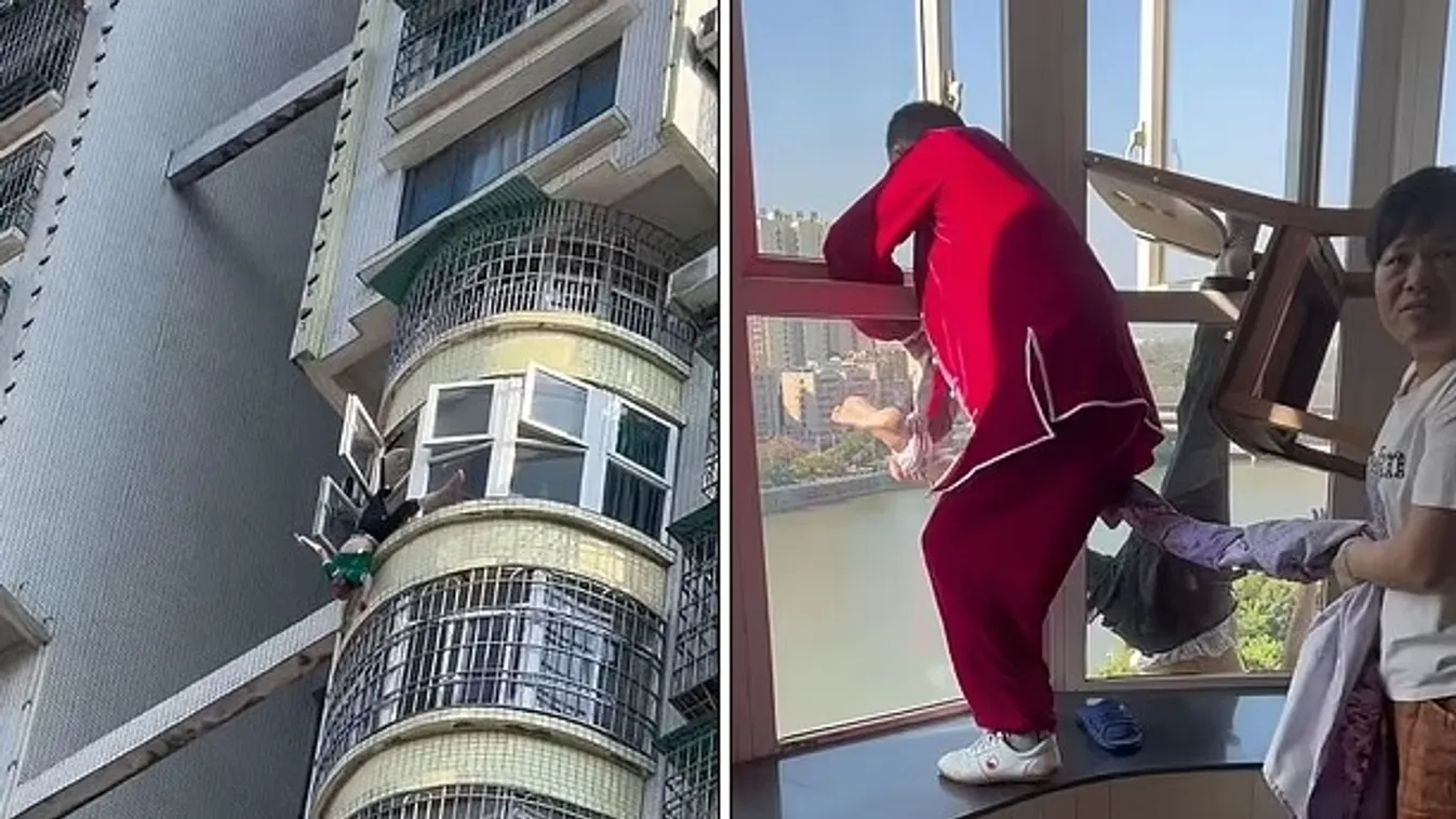 Kína, emeletes ház, idős férfi lógott az ablakból 