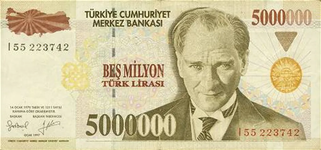 a világ legnagyobb címletű pénzei, Turkey - 5 million lira, 1997 