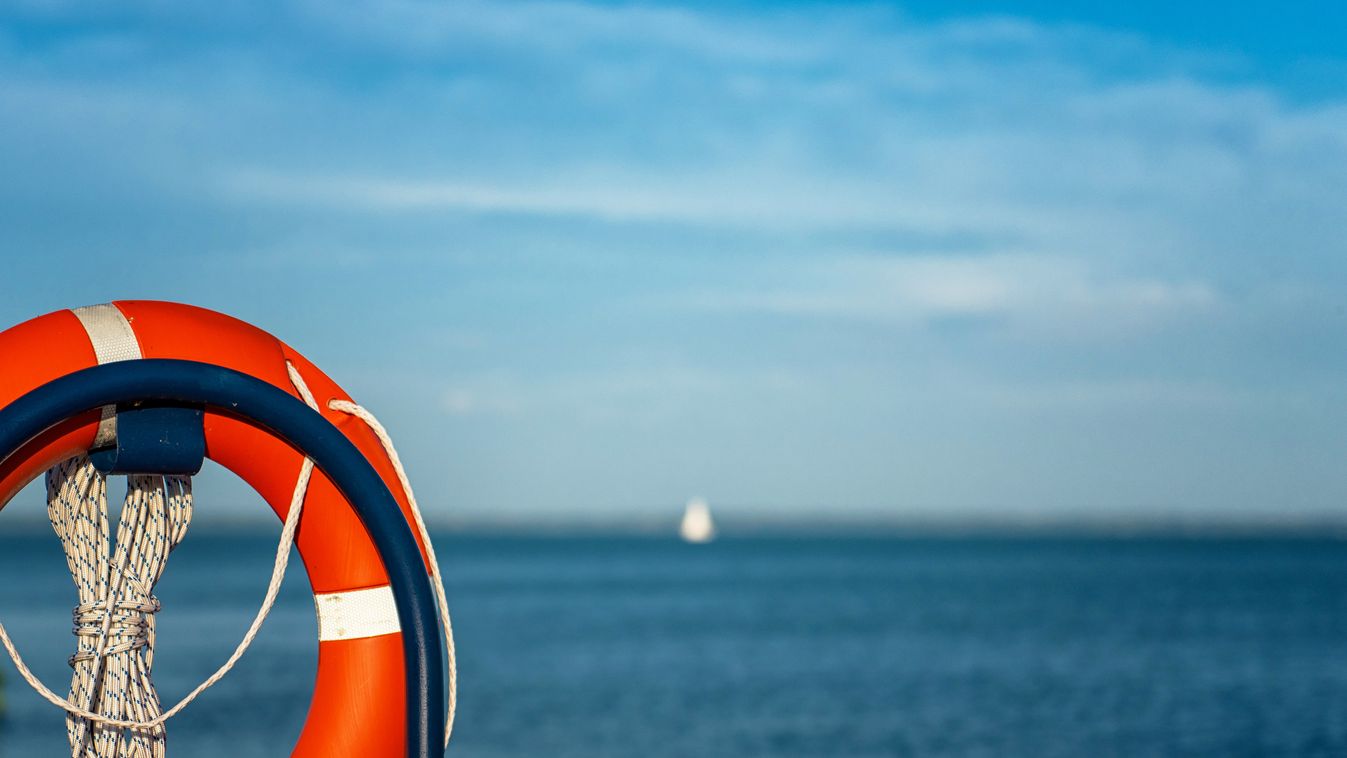 illusztráció, vízimentő víz élet 
  Lifebuoy,At,Lake,Balaton,In,Summer sailboat,ring,harbor,emergency,ship,posts,scene,red,edge,white,s 