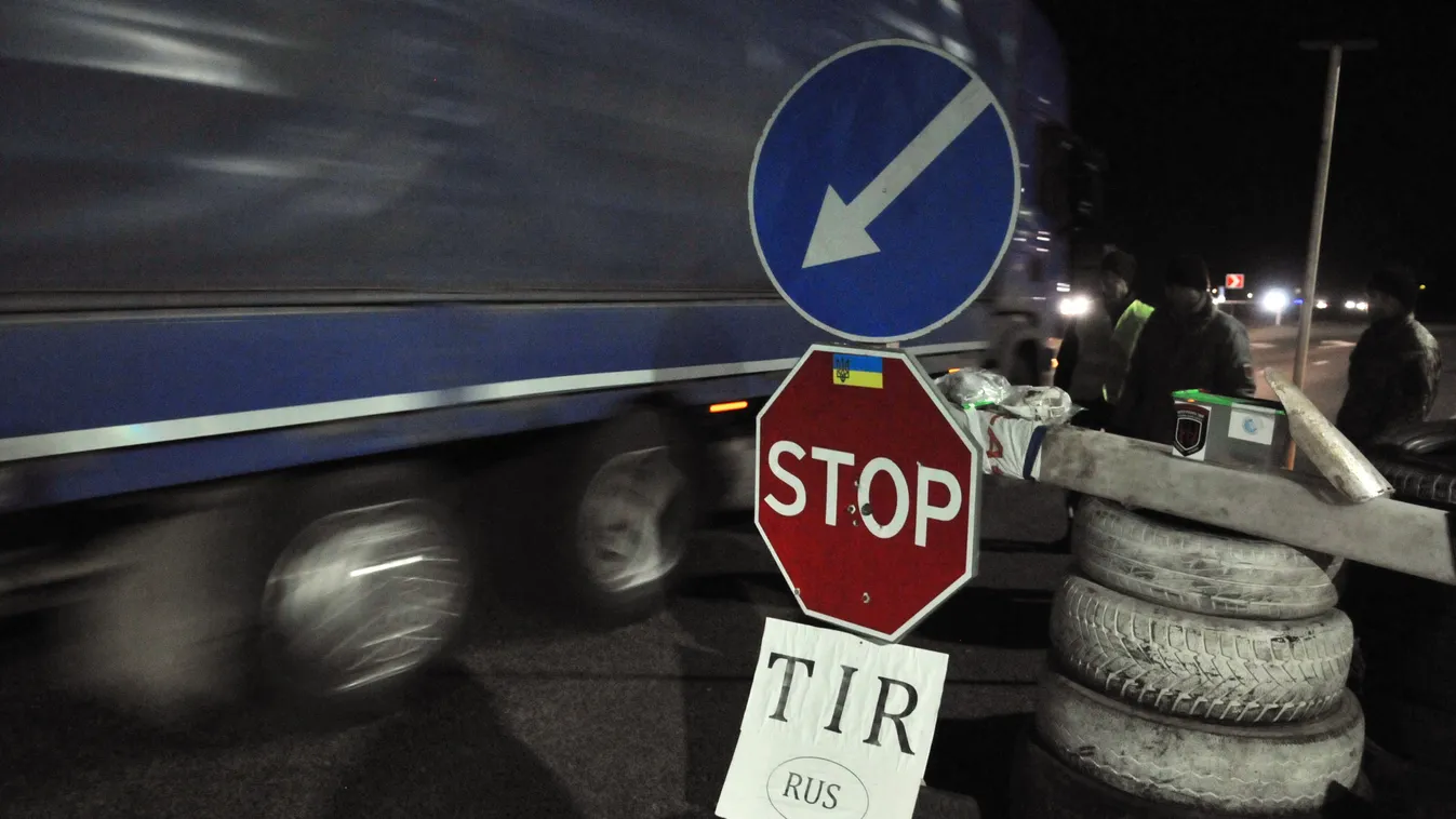 Ukrainian activists block Russian trucks in Lviv region road transport HORIZONTAL blockade trucking SQUARE FORMAT 