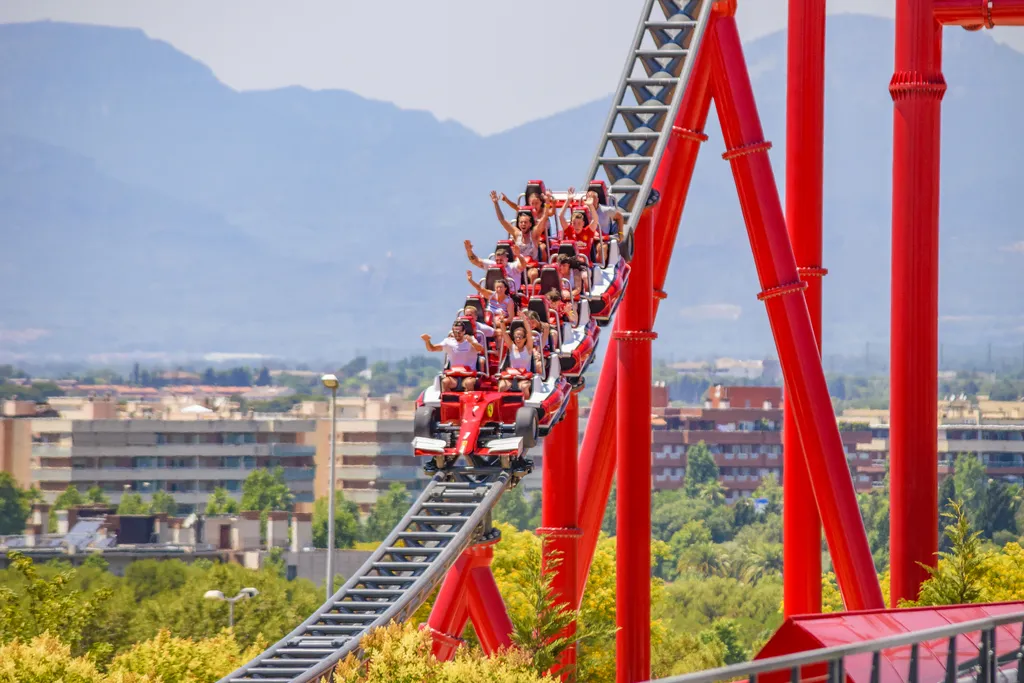 Roller Coaster 
 Catalonia,Spain,-,June,2017:,Europe’s,Newest,Theme,Park,Ferrari aventura,experience,building,red,acceleration,amazing,holidays,e 