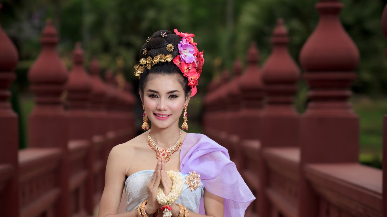 Thai Woman In Traditional Costume Of Thailand Acting Action Affectionate Ancient Antique Asian Culture Beautiful Buddhism Clothing Costume Crown Decor Decoration Elegance Fashion Fashion Model Flower Gold Grace Hinduism Human Face Human Hand Identity Mult