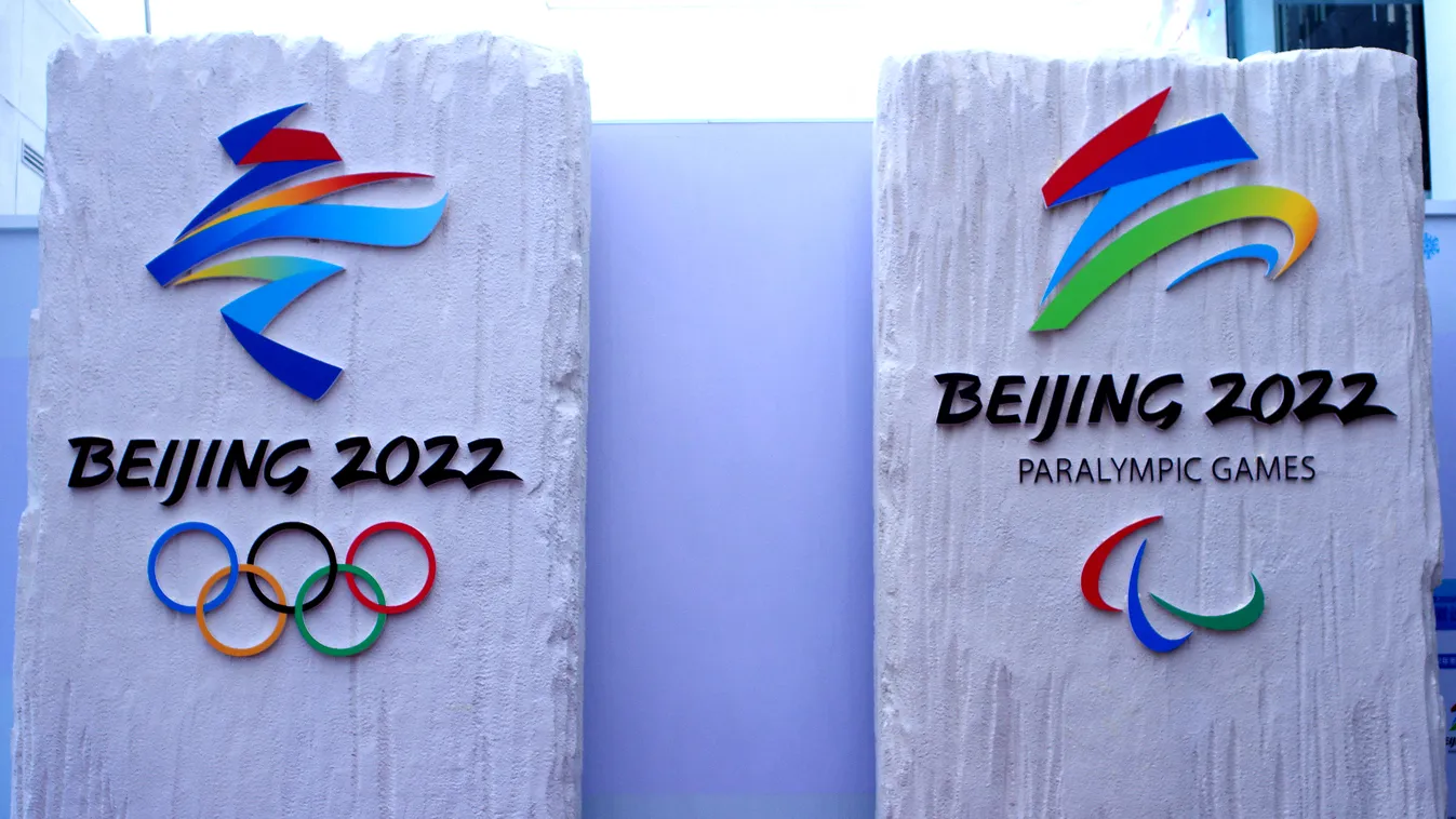 2022 Winter Olympics emblems on display in Beijing China Chinese Beijing Olympics winter official emblem 2022 Water Cube Horizontal 