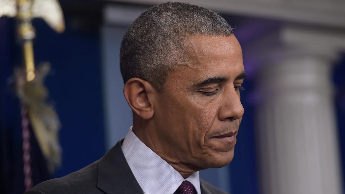 US President Barack Obama looks on as he delivers a statement, after a shooting at a community college in Oregon that left up to 10 people dead, in the Brady Briefing Room of the White House in Washington, DC on October 1, 2015. A 20-year-old gunman opene