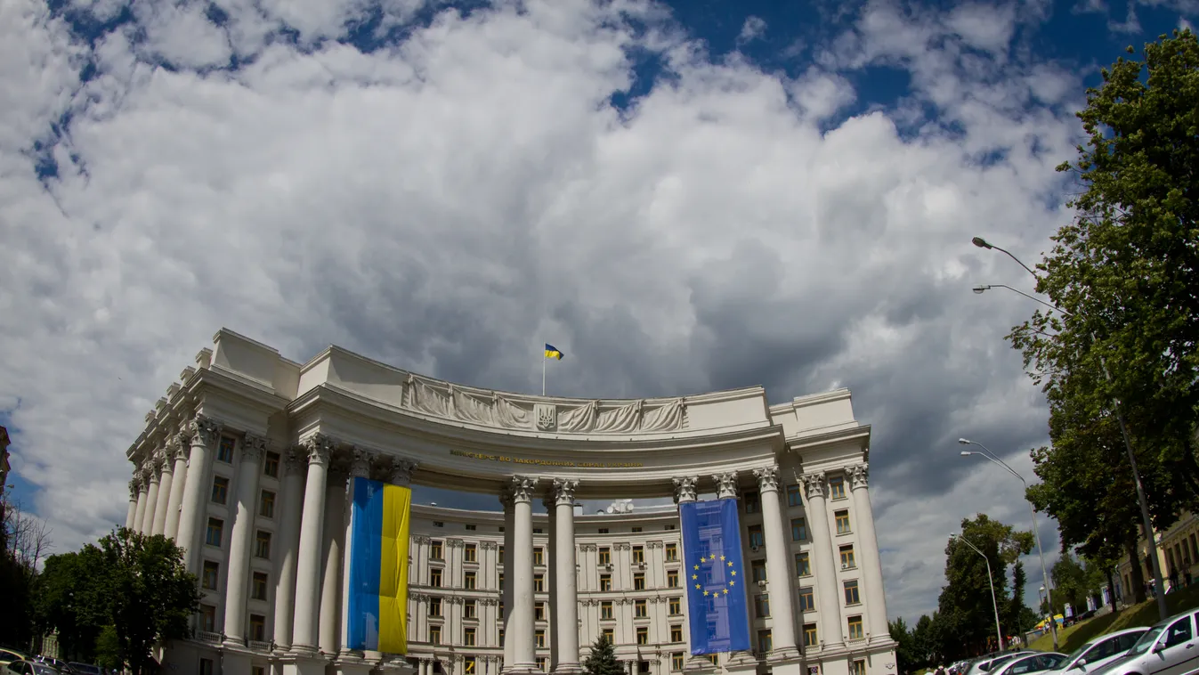 Ukraine changes its Foreign Minister EU Foreign Affairs FOREIGN MINISTER Kiev BUILDING FLAG MINISTRY ukraine SQUARE FORMAT 