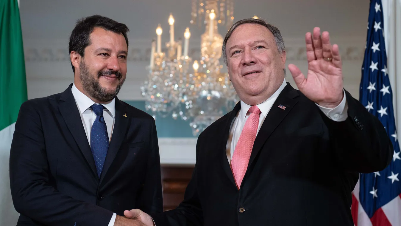 Horizontal US Secretary of State Mike Pompeo (R) greets Italian Interior Minister Matteo Salvini prior to talks at the State Department in Washington, DC, on June 17, 2019. (Photo by NICHOLAS KAMM / AFP) 