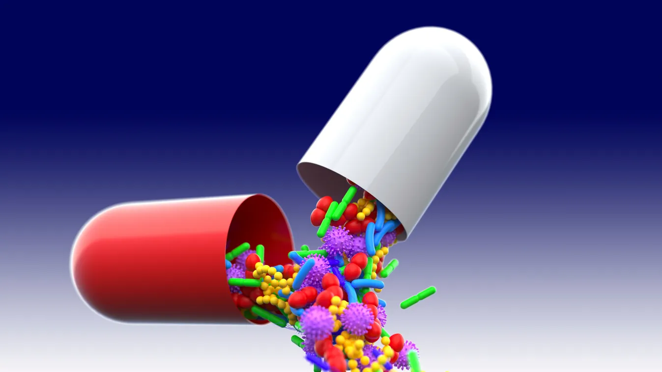 Probiotikum kpszula, gyógyszer capsule, conceptual illustration microbiome gut bacteria VIRUS microbes microbiota artwork 