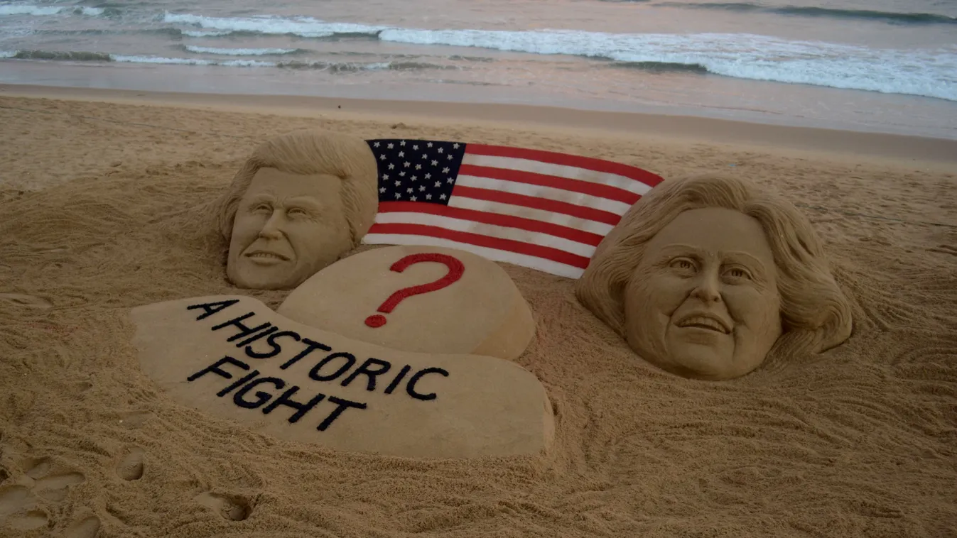 Sand sculpture  USA Presidential Election india usa POLITICS SAND SCULPTURE USA Presidential Election trump clinton VOTE SAND 