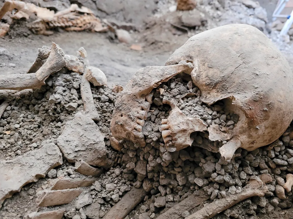 Pompeji, ásatás, régészet, Olaszország
A Pompeji Régészeti Park által 2023. május 16-án közreadott kép két feltehetőleg férfi csontváz egyikéről, amelyeket a közelmúltban találtak meg az oldalukon fekve a pompeji Casti Amanti épületegyüttes leomlott fala 
