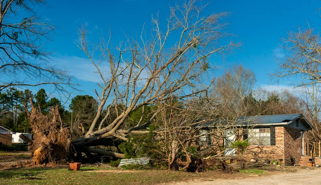 Beauregard, 2019. március 5.
Tornádó által kicsavart fa az Alabama állambeli Beauregardban 2019. március 4-én, a vihar elvonulása utáni napon. A természeti katasztrófában legkevesebb huszonhárom ember életét vesztette, több mint negyven megsérült. A forgó