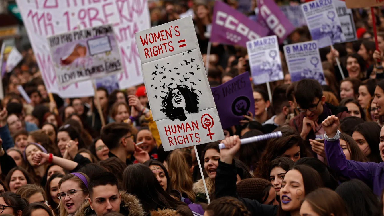 spanyolország, nőnap, tüntetés, sztrájk, madrid 