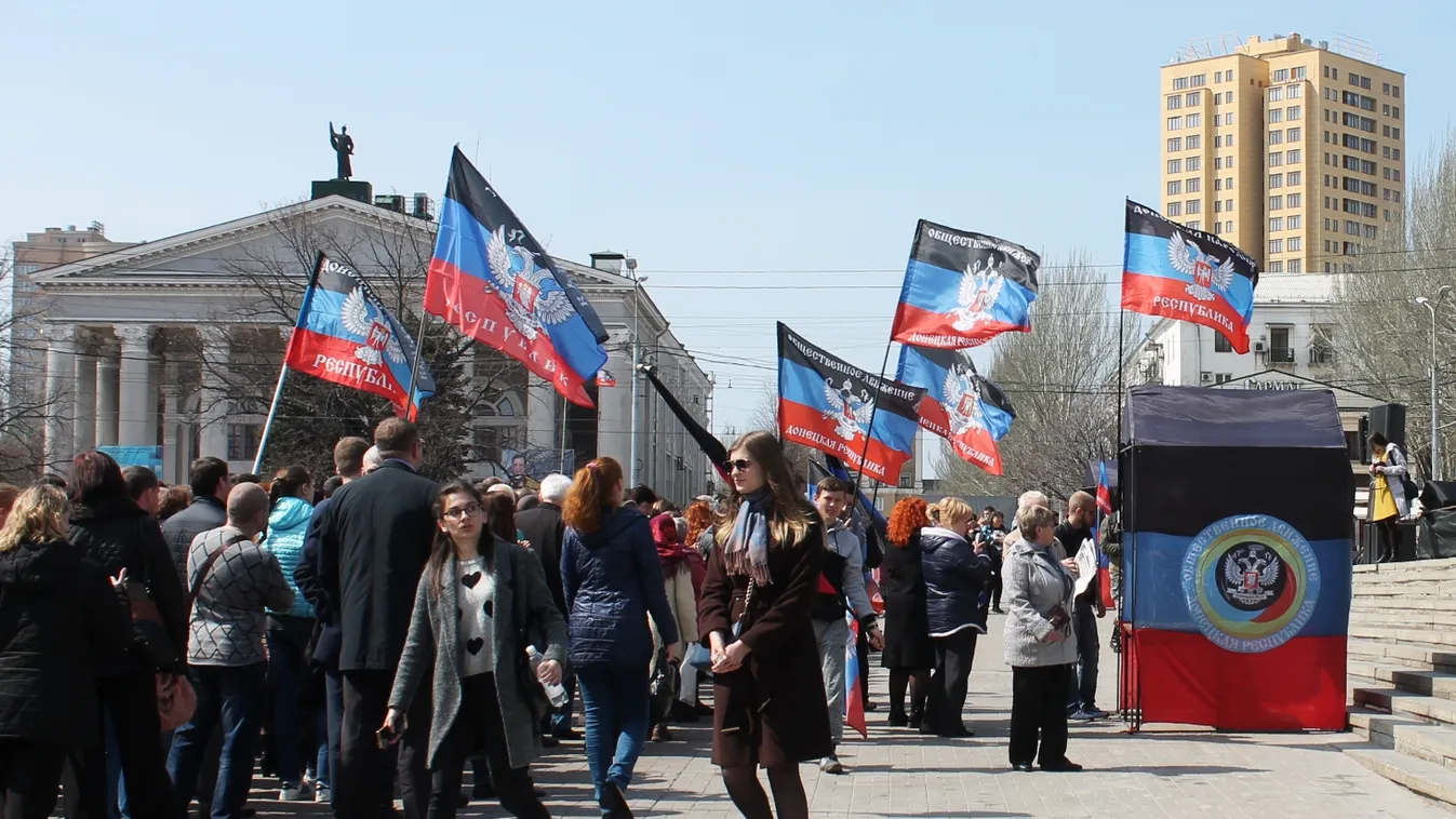 Rally in Donetsk marks anniversary of Donetsk People's Republic flags festival holiday landscape HORIZONTAL rally participants 