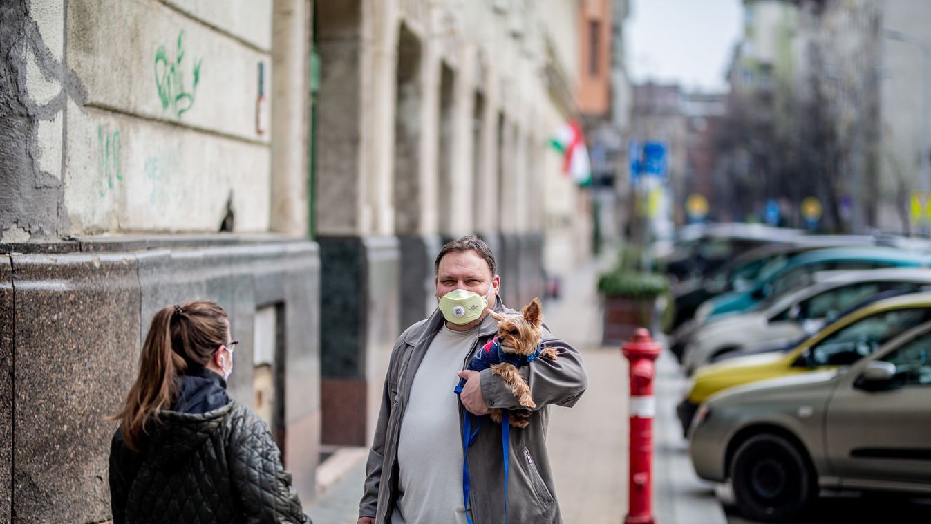 koronavírus, vírus, járvány, Budapest, kutya, kutyasétáltatás, maszk, arcmaszk, szájmaszk, emberek az utcán, maradj otthon 