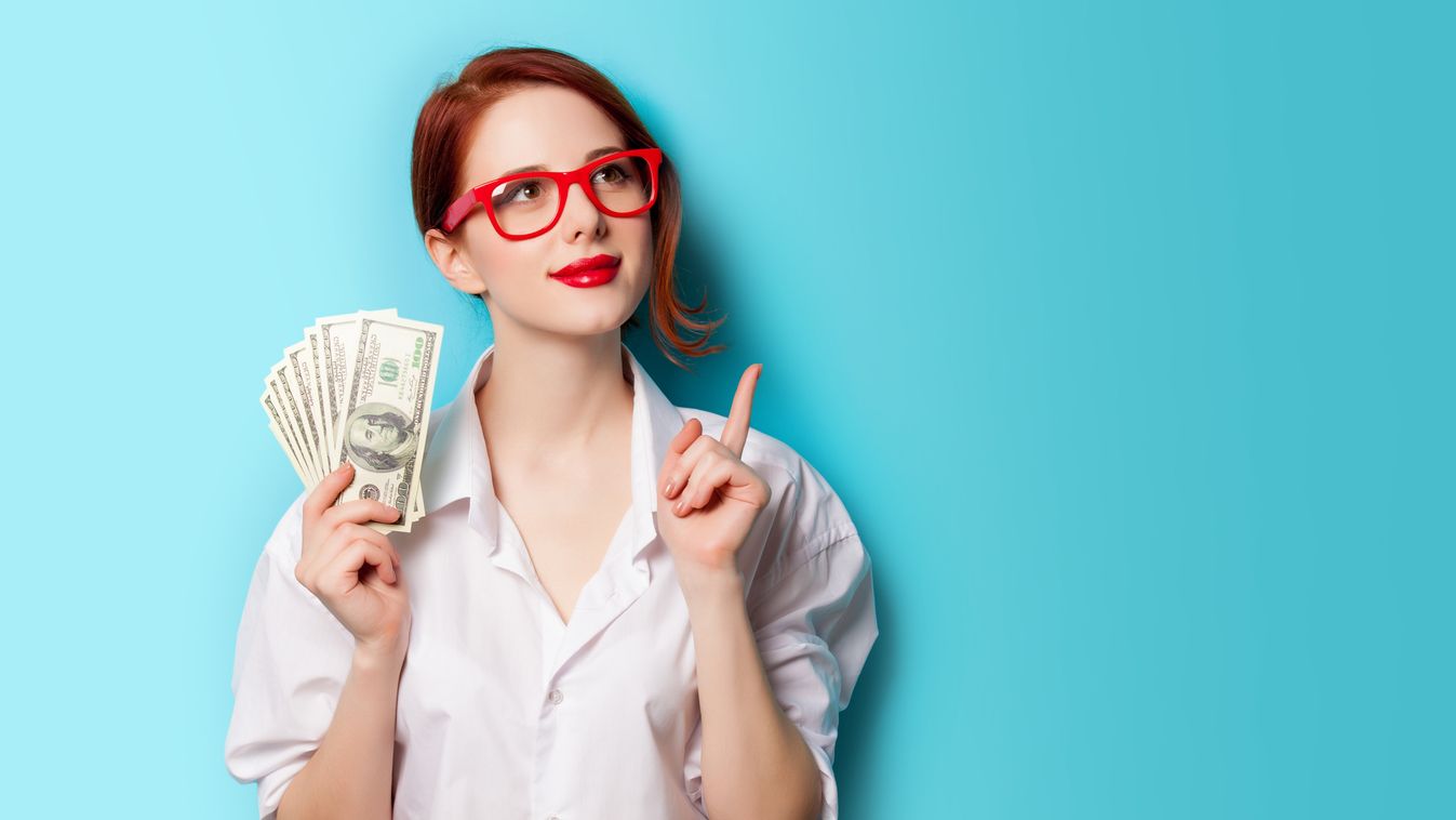 Woman wearing red glasses with money in her hand Shirt Fashion Posing Portrait Women Fashion Model Currency Young Adult Smiling Dollar Sign Beauty Backgrounds Caucasian Ethnicity One Person Heat - Temperature Wealth Happiness Elegance White Red Blue Moder