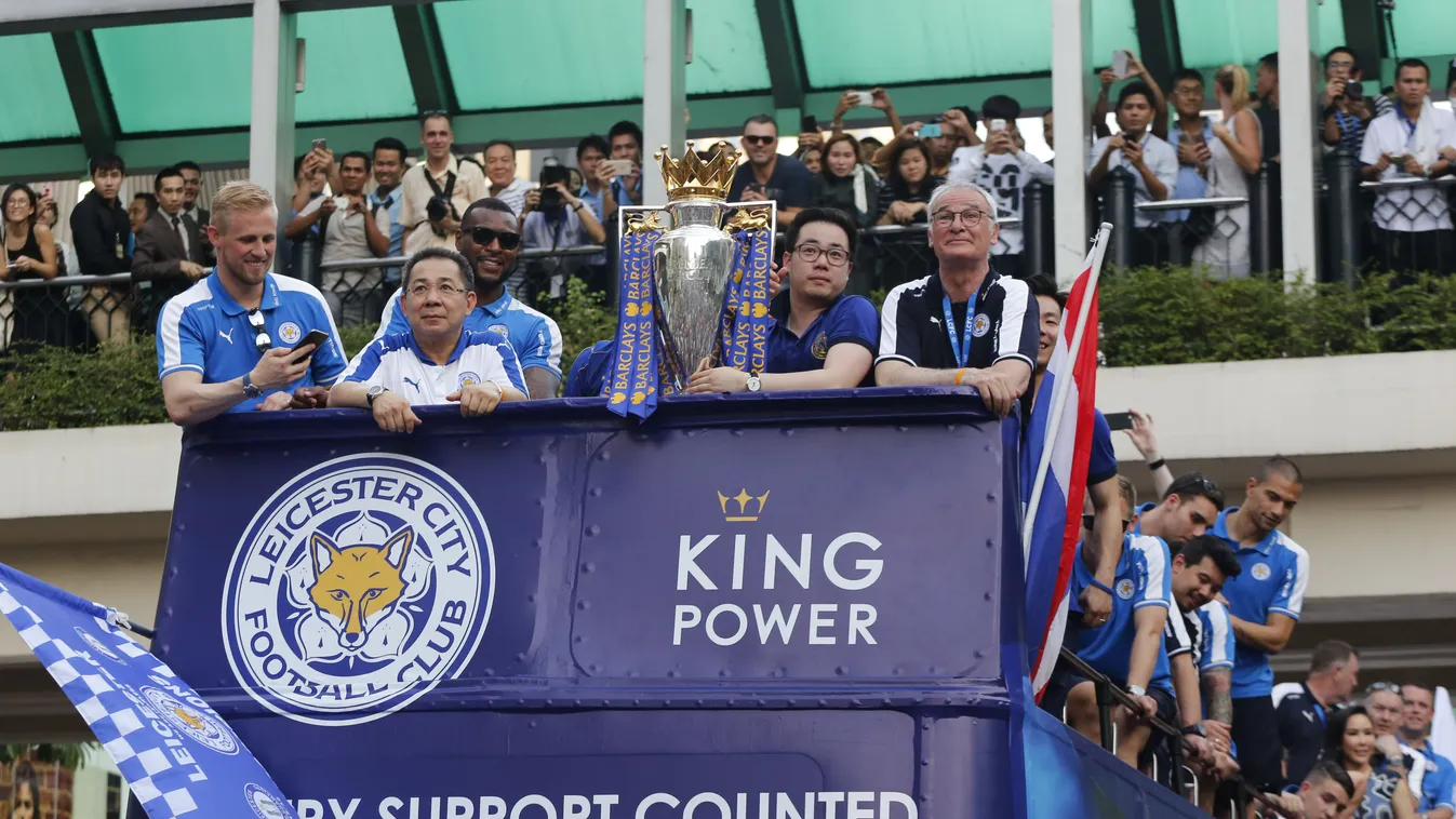 The celebration of Leicester City league trophy in Bangkok Thailand 2016 May Bangkok Barclays Premier League Claudio Ranieri Wes Morgan Kasper Schmeichel Leicester City FC Vichai Srivaddhanaprabha SQUARE FORMAT 