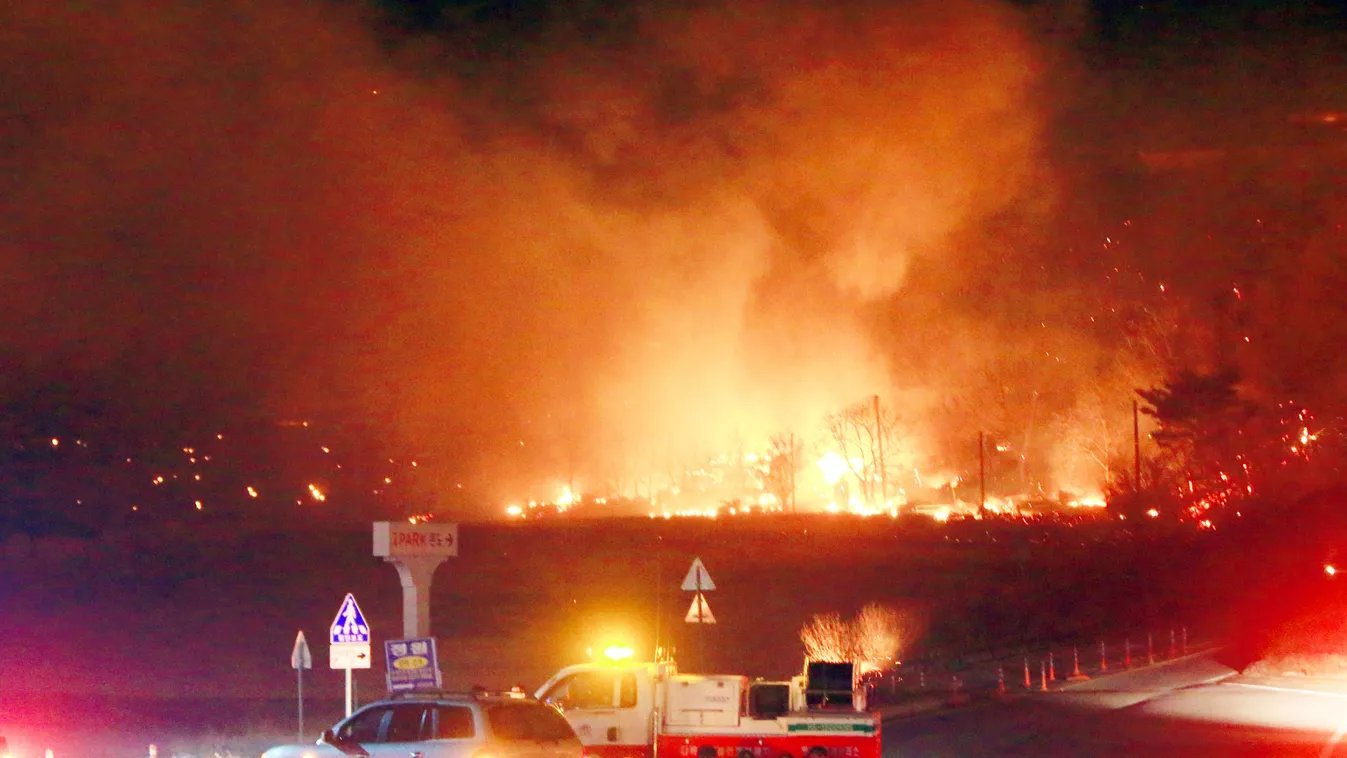 Horizontal This picture taken on April 4, 2019 shows a forest fire raging in Goseong. - An enormous fire erupted on April 4 in the South Korean border town of Goseong, leaving at least one dead, destroying dozens of homes and forcing more than 3,000 peopl