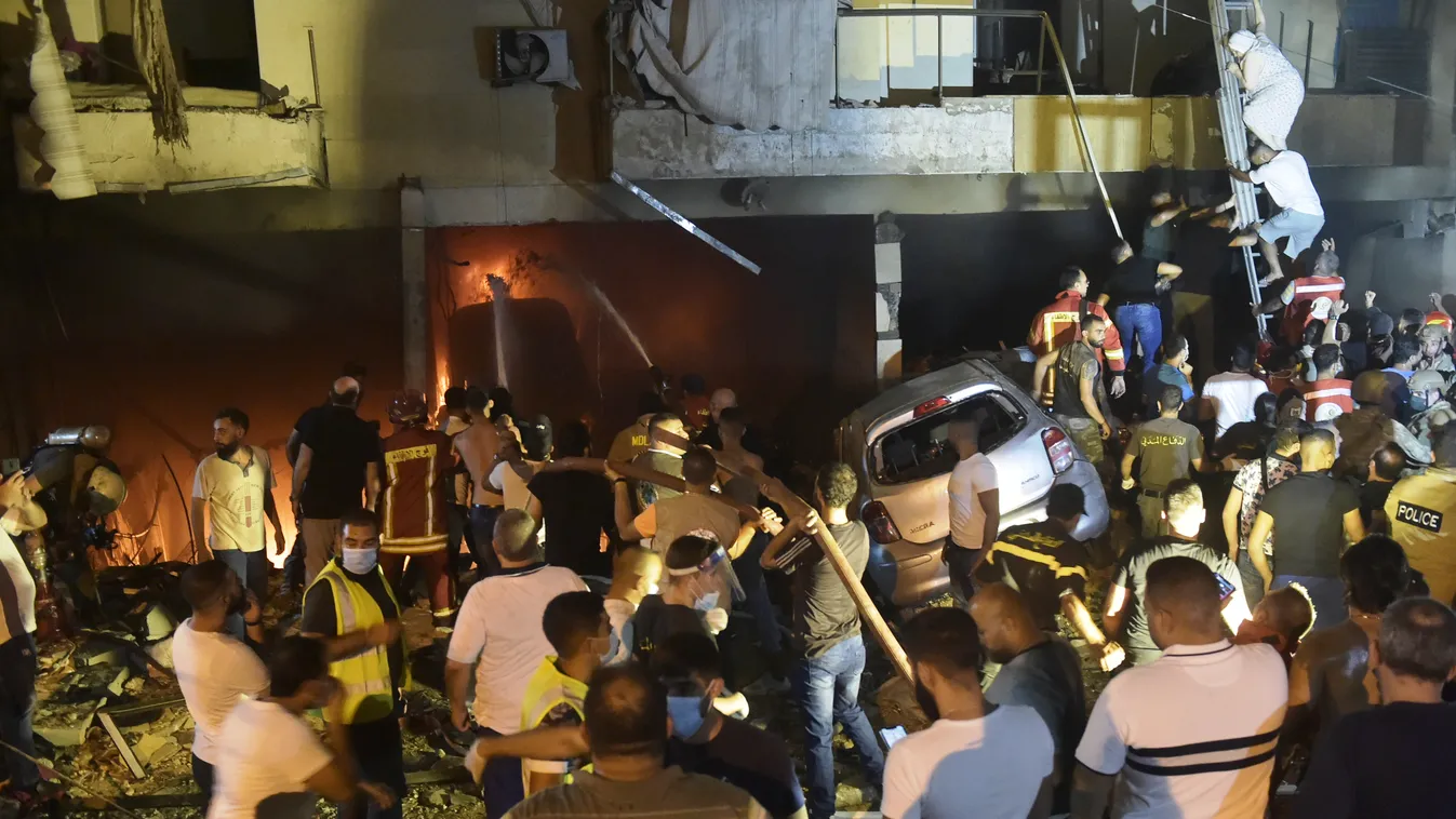 2020,Beirut,Disaster,explosion,Fuel oil tank,Lebanon,October BEIRUT, LEBANON - OCTOBER 09: Firefighter teams extinguish fire in a building after a fuel oil tank exploded in a residential area of ​​Beirut, Tariq al-Jedi, Lebanon on October 09, 2020. Houssa