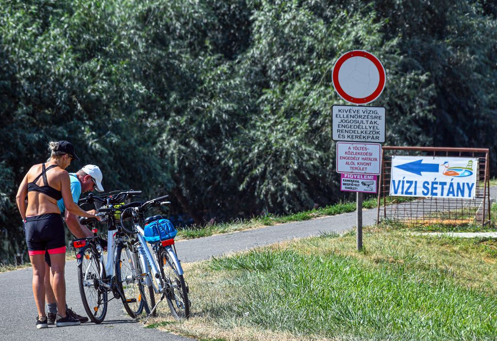 ÁLTALÁNOS KULCSSZÓ bicikli életkép ÉVSZAK fa felirat férfi FOTÓ FOTÓTÉMA információs tábla kerékpár kerékpáros kerékpárút KÖZLEKEDÉSI ESZKÖZ KRESZ-tábla lombos fa nő NÖVÉNY nyár ÖLTÖZÉK KIEGÉSZÍTŐ sapka SPORT sportol SZEMÉLY TÁJ turista 