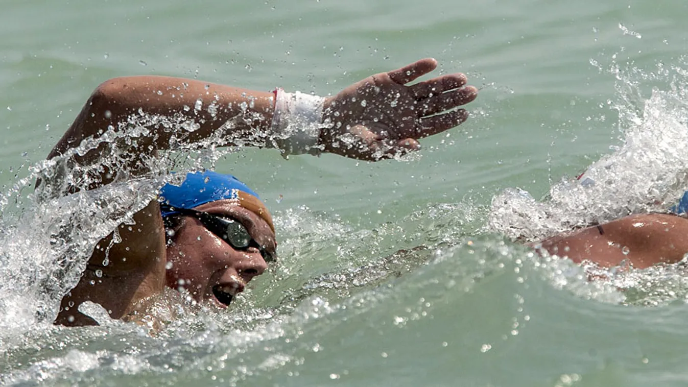 Risztov Éva versenyez a 10 kilométeres nyíltvízi úszás Európa Kupa-fordulójában Balatonfüreden a Magyar Úszás Napján, 2013. június 22-én