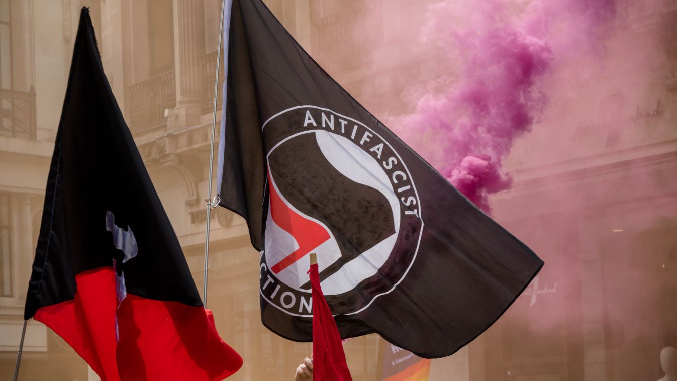 The antifa flag being displayed at an anti fascist demonstration in opposition to a rally by supporters of the former EDL leader Tommy Robinson 