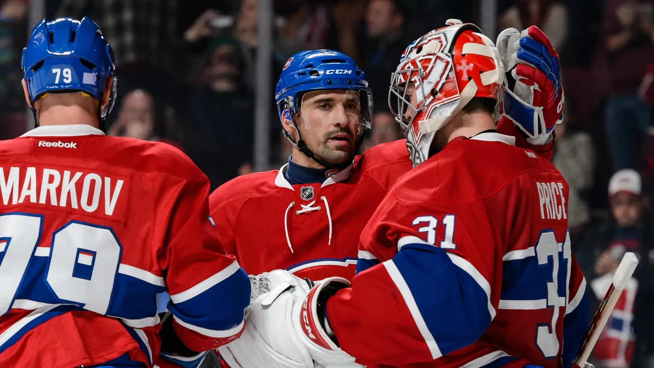 Tomas Plekanec #14 of the Montreal Canadiens congratulates goaltender Carey Price #31 on his shutout victory during the NHL game against the St. Louis Blues at the Bell Centre on October 20, 2015 in Montreal, Quebec, Canada. 