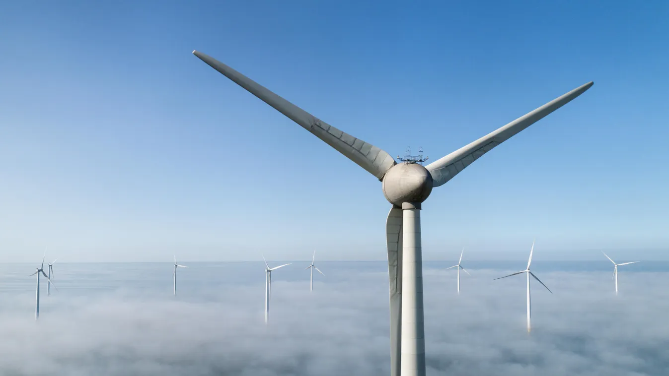 Energy No People The Netherlands Eastern Netherlands Flevoland High Angle View Turbine WIND TURBINE Air Air Movement WIND POLDER SKY CLOUD Clear Sky WATER Flowing Water Standing Water LAKE OCEAN Weather FOG Non-Urban Scene LANDSCAPE Outdoors Day ENVIRONME