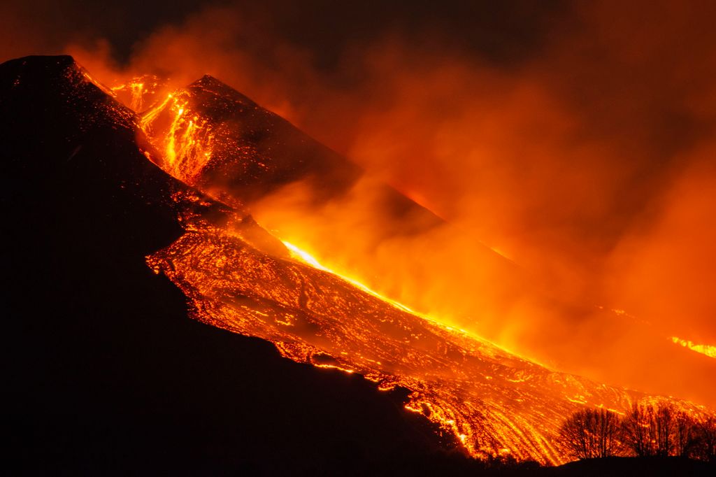 CATANIA, ITALY - FEBRUARY 23: Eruption at Mount Etna, in the early night there was a major increase in volcanic activity at the Southeast Crater, followed high lava fountains and lava flows along the flanks of the Southeast crater, photo taken at 1700 met