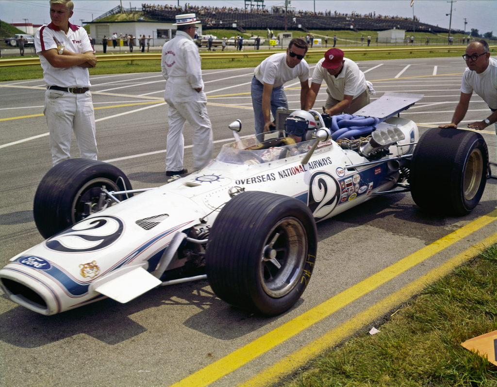 Mario Andretti IN USAC Champ Car At Indianapolis Raceway Park CLERMONT, IN - JULY 21: Mario Andretti and his Brawner Ford before the USAC Champ Car Races at Indianapolis Raceway Park held July 21, 1968 at Clermont, Indiana. Andretti finished second in bot