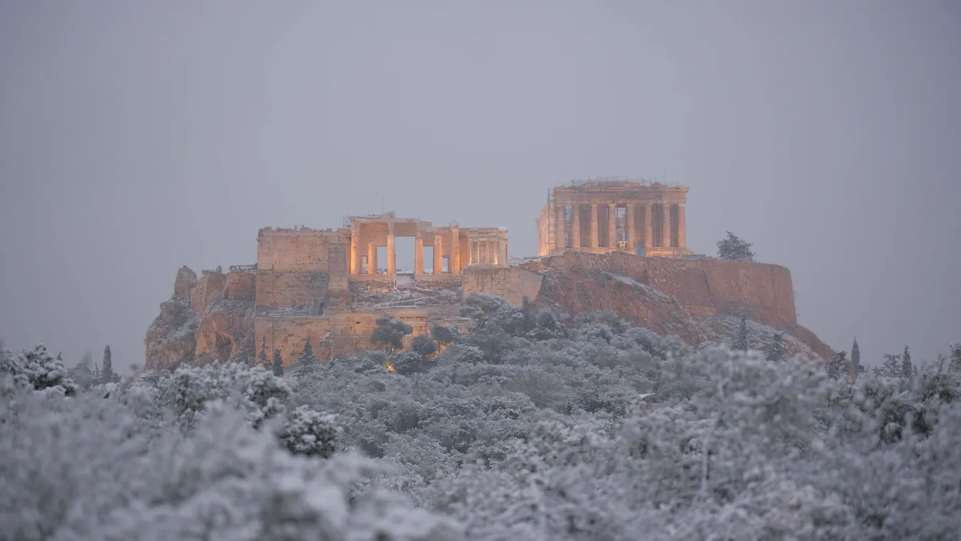 hó, időjárás, Görögország, Athén,   023 Athens Filopappou snowfall weather attractions Horizontal ACROPOLIS PARTHENON SNOW COLD WINTER 
