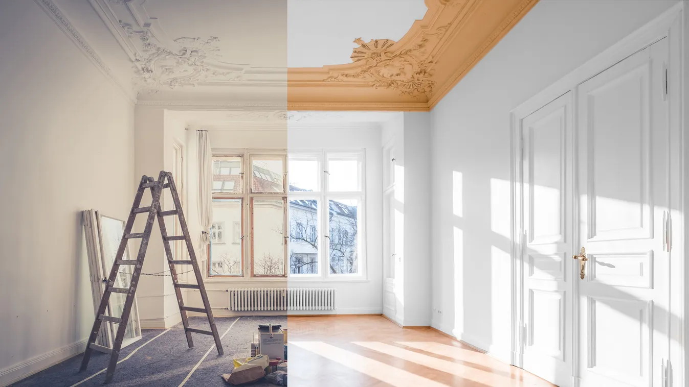 renovation before after flat room altbau apartment architecture art nouveau beautiful bright ceiling classic classical collage condominium concept door empty floor ladder herringbone home home improvement interior luxurious luxury new flat new home old bu