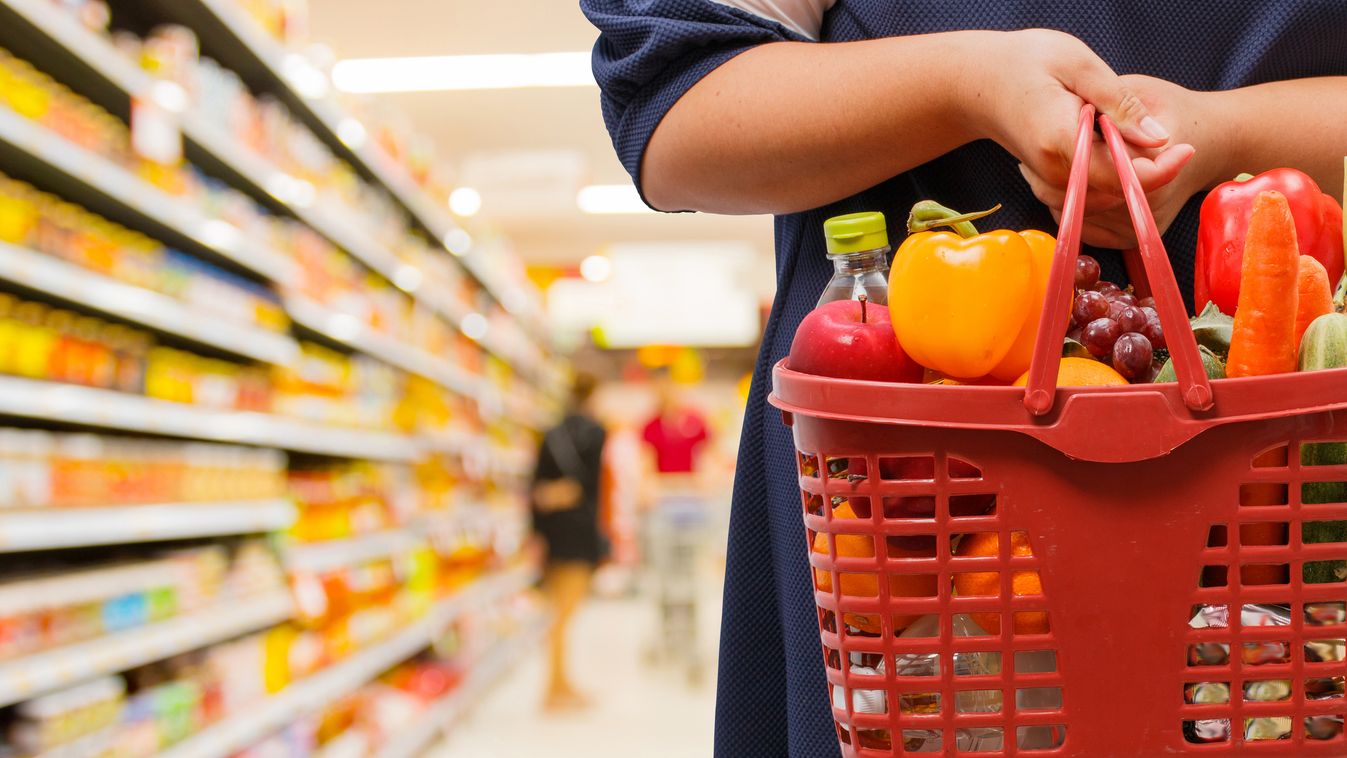 woman holding shopping basket in supermarket Consumerism Merchandise Women Groceries Young Adult Adult Child Standing Choosing Drinking Eating Shopping Buying Holding Cooking Oil Customer Healthy Lifestyle Choice Order Part Of Retail Lifestyles Indoors Cl