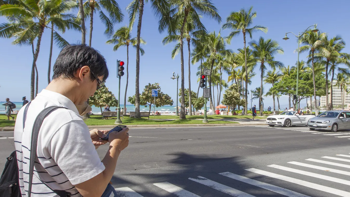 Hawaii, gyalogátkelő, mobiltelefon 