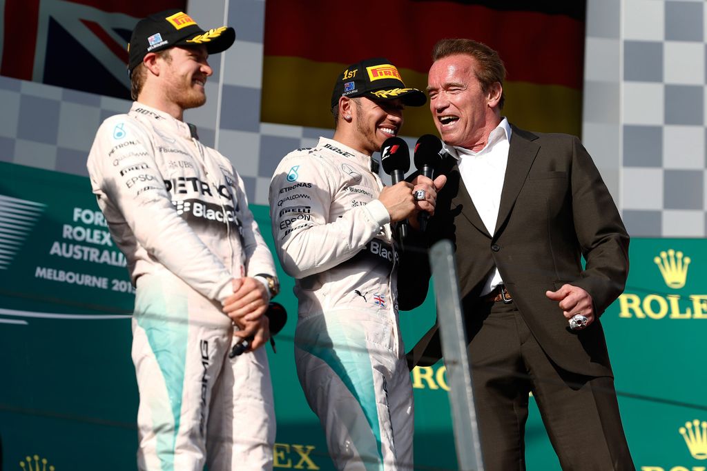 Forma-1, Nico Rosberg, Lewis Hamilton, Arnold Schwarzenegger, Ausztrál Nagydíj 