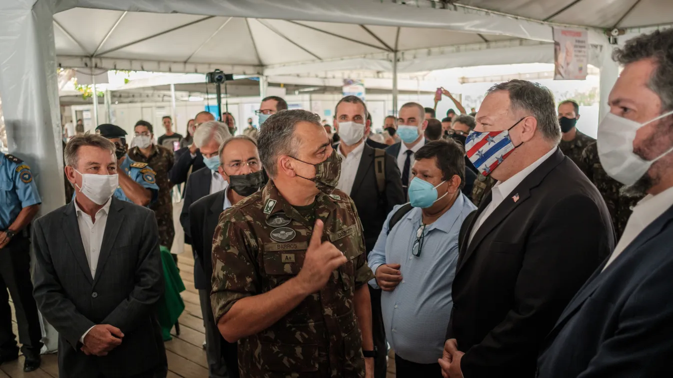 diplomacy Horizontal The Coordinator of the Welcome Operation and Commander of the Humanitarian Logistics Task Force, General Manoel de Barros (2-L) talks to the US Secretary of State, Mike Pompeo (2-R) next to the Governor of Roraima Antonio Denarium (L)
