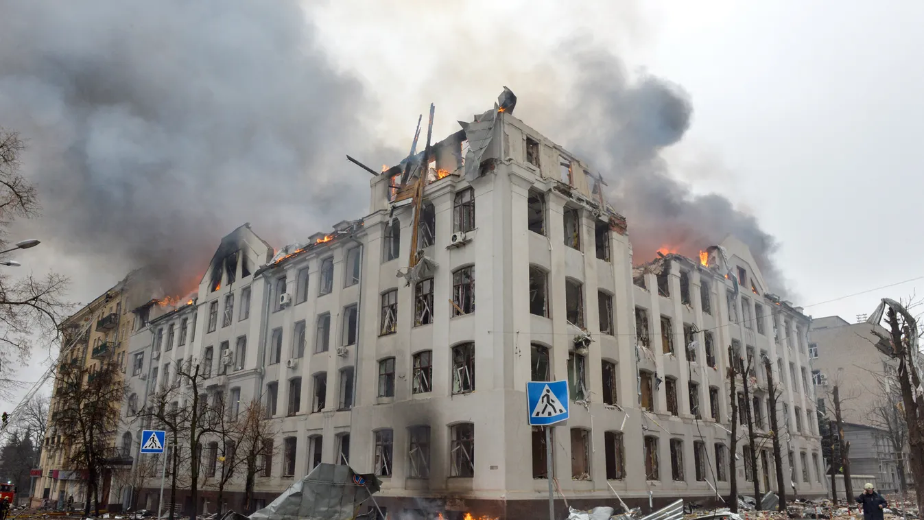 Ukrán válság 2022, orosz, ukrán, háború, Ukrajna, Harkov, rakétatámadás, lakóépület, rendőrség épülete 