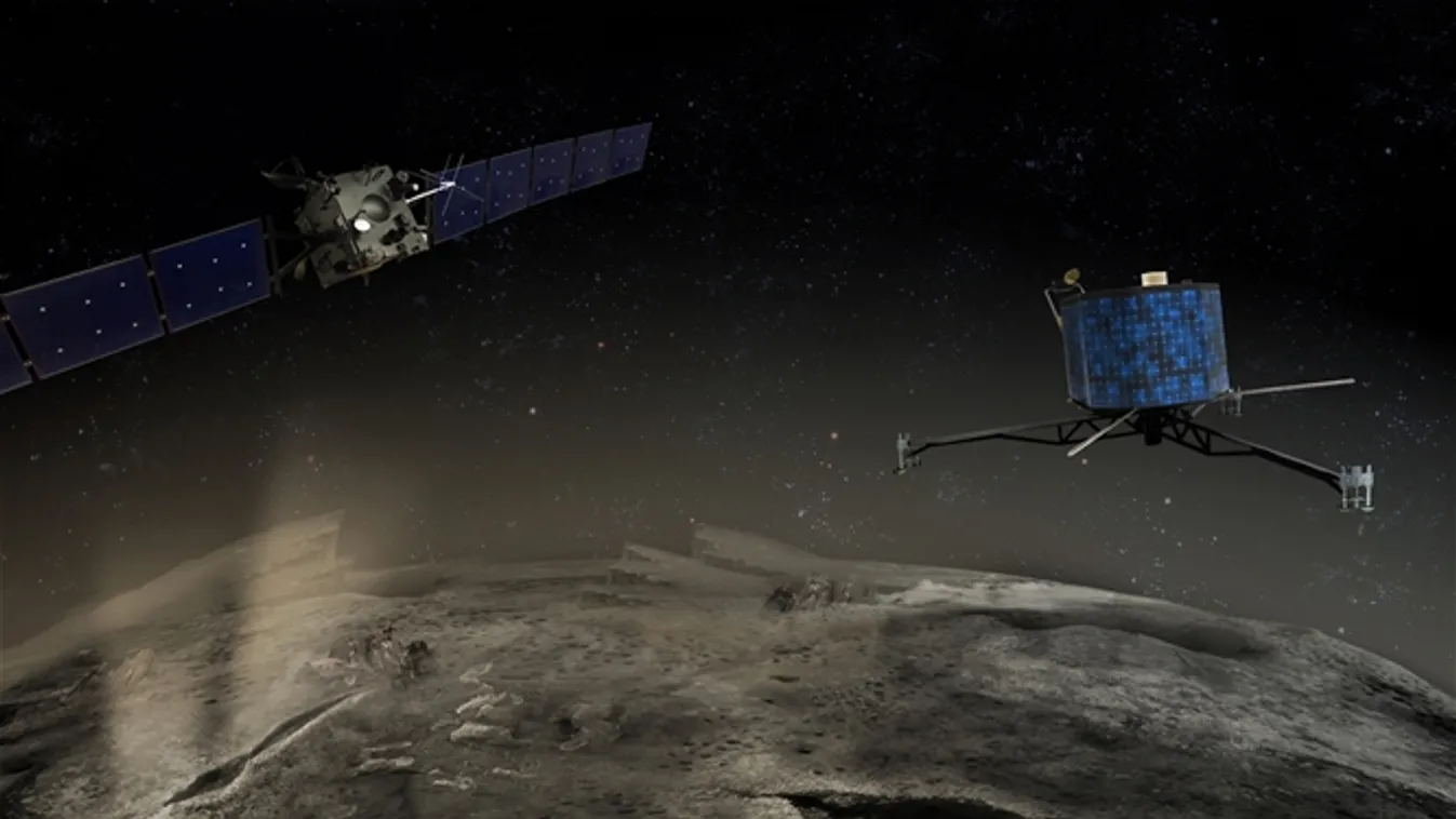 Artist rendition of the Rosetta Orbiter and Philae during landing on comet 67P/Churyumov-Gerasimenko. An illustration of what ESA and US scientists believe the comet may look like. The Spacecraft, Lander and Comet are not to scale.   (Credit: NASA/JPL) 