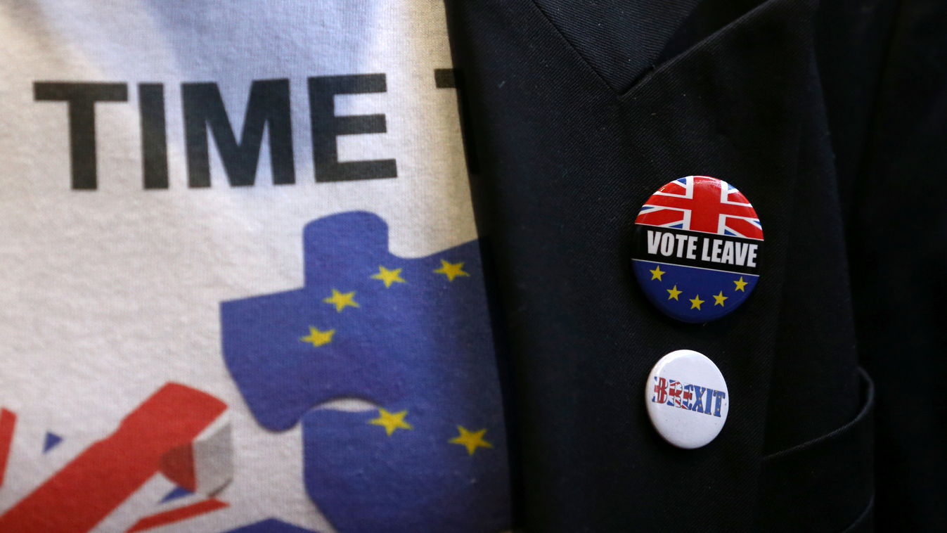 politics Horizontal REFERENDUM Campaign memorabilia is pictured on the jacket of a man as he attends the world premiere of the film 'Brexit: the Movie' in London's Leicester Square, on May 11, 2016, ahead of the EU referendum in Britain on June 23, 2016 /