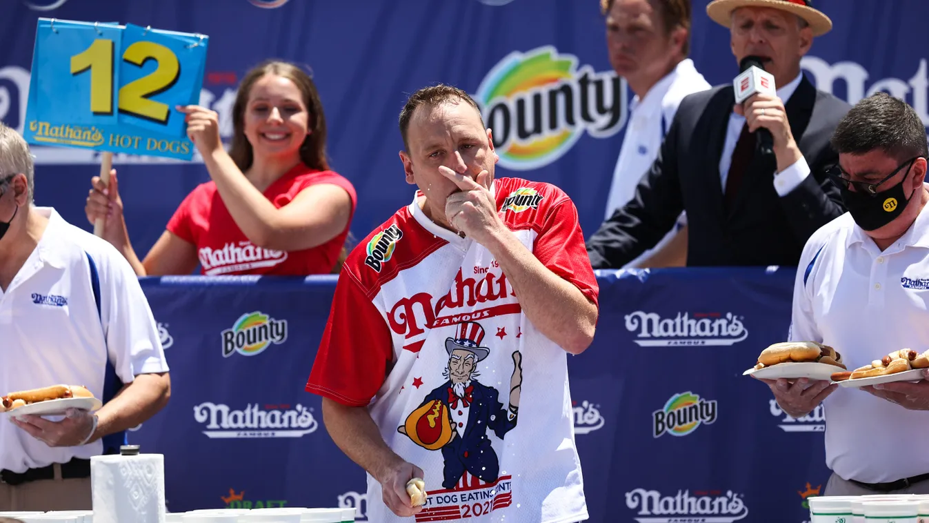 2021 Nathan's Famous International Hot Dog Eating Contest George Shea,Hot dog contest New York,Joey Chestnut,Michelle Lesc Horizontal 