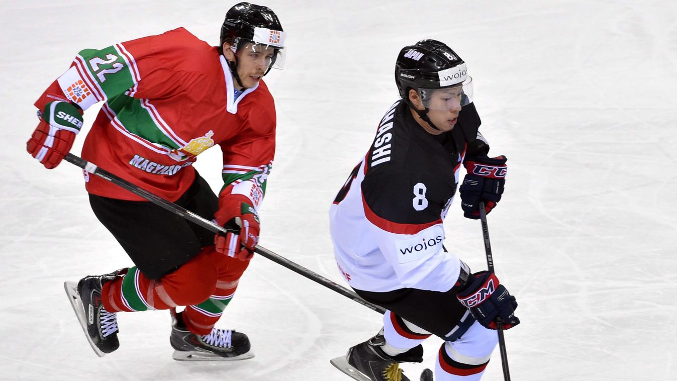 Krakkó, 2015. április 19.
Hári János (b) és a japán Takahasi Szejdzsi a  jégkorong divízió I/A-világbajnokság krakkói  nyitófordulójában 2015. április 19-én. Magyarország 4-2-re győzött. (MTI/PAP/Jacek Bednarczyk) 