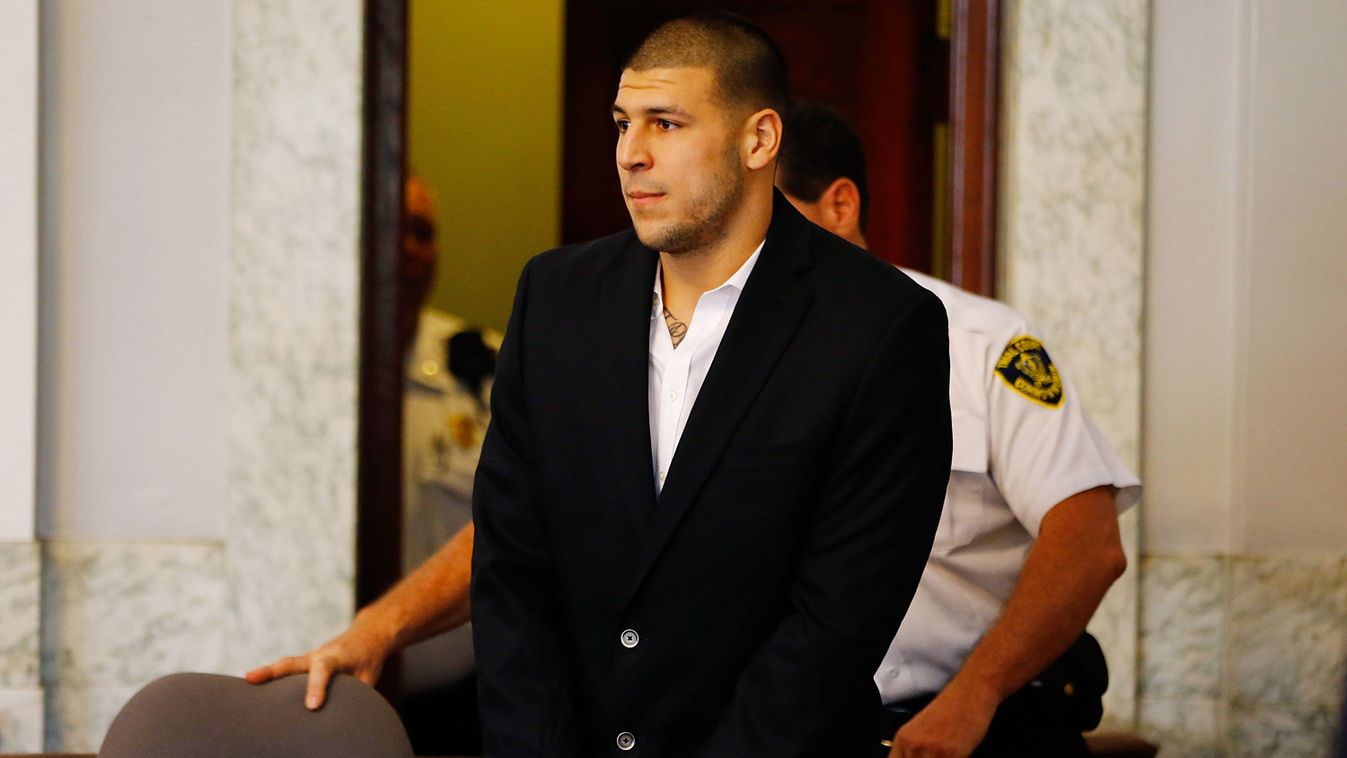 Aaron Hernandez Court Appearance GettyImageRank2 MA JUSTICE SPORT HORIZONTAL Waist Up AMERICAN FOOTBALL USA CRIME LAW Courtroom NFL Court Hearing North Attleboro Aaron Hernandez - American Football Player Attleboro District Court North Attleboro, Massachu