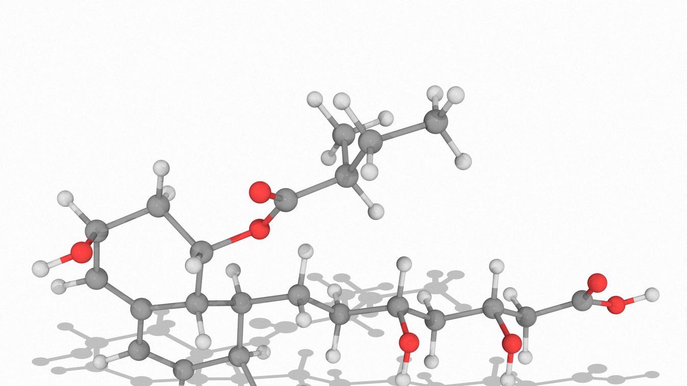 Pravastatin drug molecule artwork, atomic, ball and stick, ball-and-stick, chemical compou Vertical 