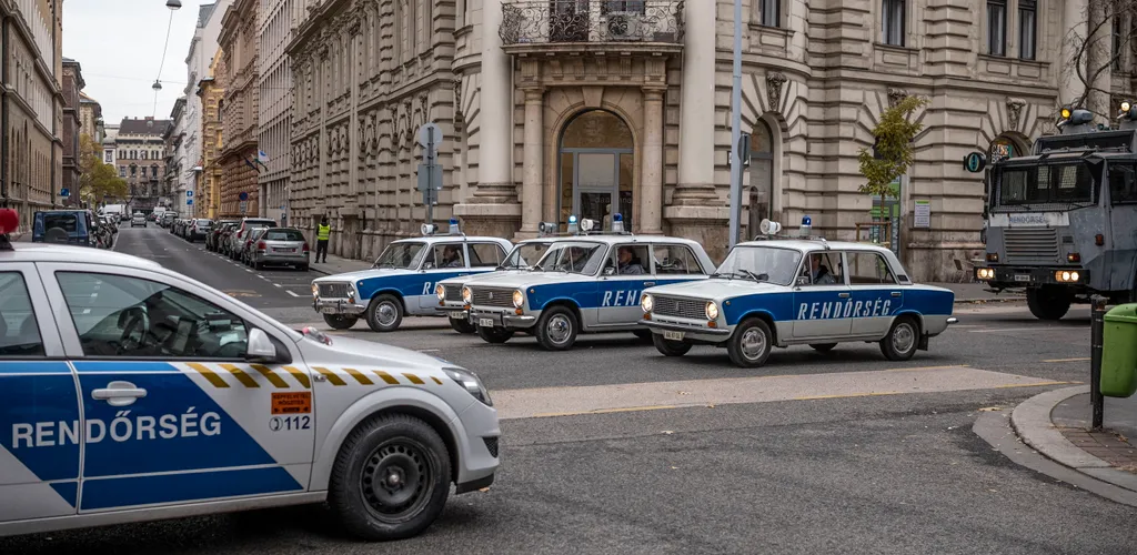 Budapest, 2021. november 27.
Korabeli rendőrségi járművek az 1990-es taxisblokád történéseit felelevenítő Blokád című film forgatásán a belvárosi Alkotmány utcában 2021. november 27-én.
MTI/Szigetváry Zsolt 