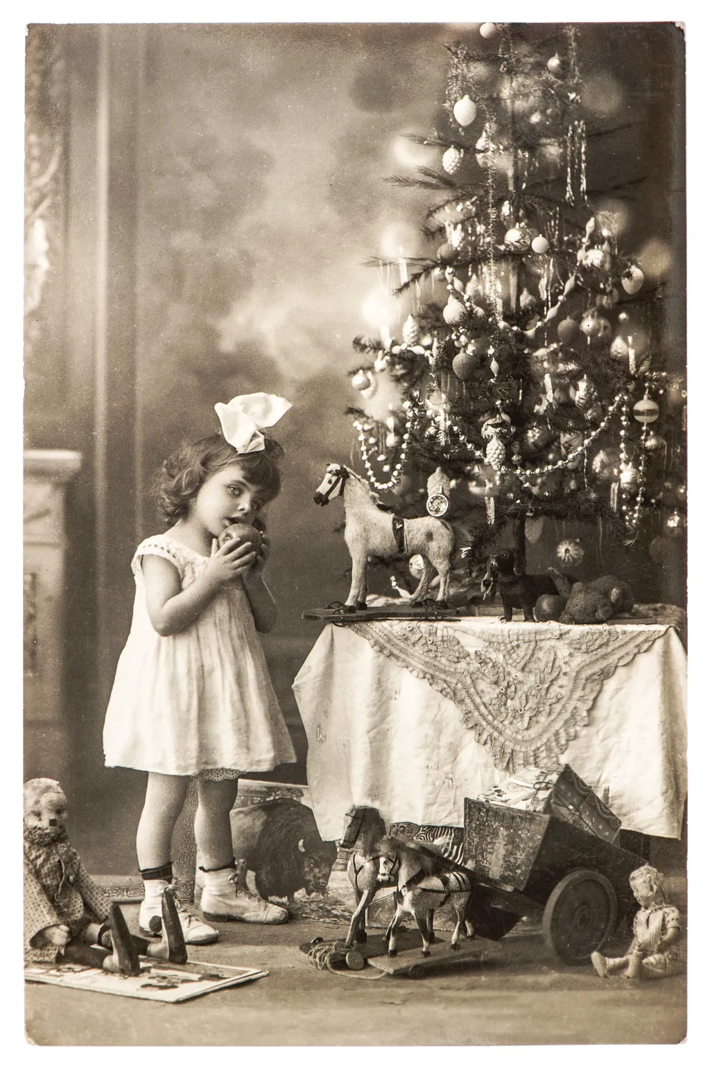 Berlin,,Germany,-,Circa,1900:,Antique,Photo,Of,Little,Girl private,young,christmas tree,vertical,cute,sentimental,remember, 